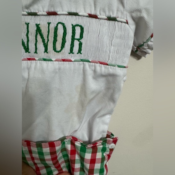 Smocked Round Collar Green & Red Gingham Shortall with Connor Monogram - Picture 6 of 8